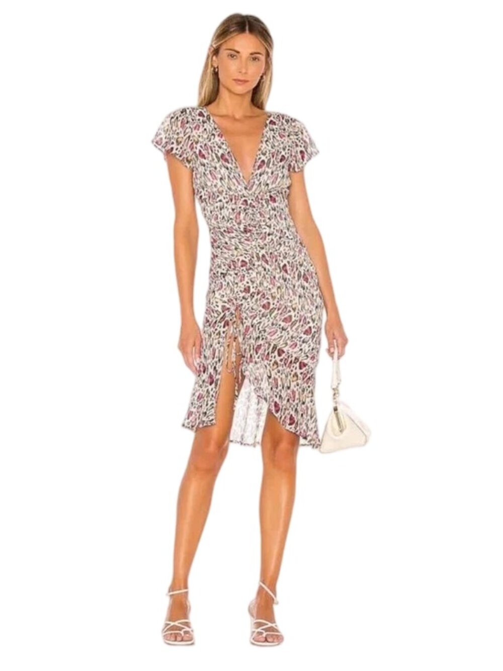 Majorelle Elaine Midi Dress V-Neck Wrap Dress in Leopard White with Pink Accents